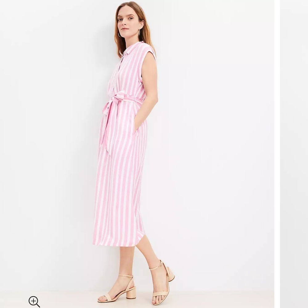 LOFT Striped Tie Waist Midi Shirtdress Poppy Linen blend Sz 0 New with tags